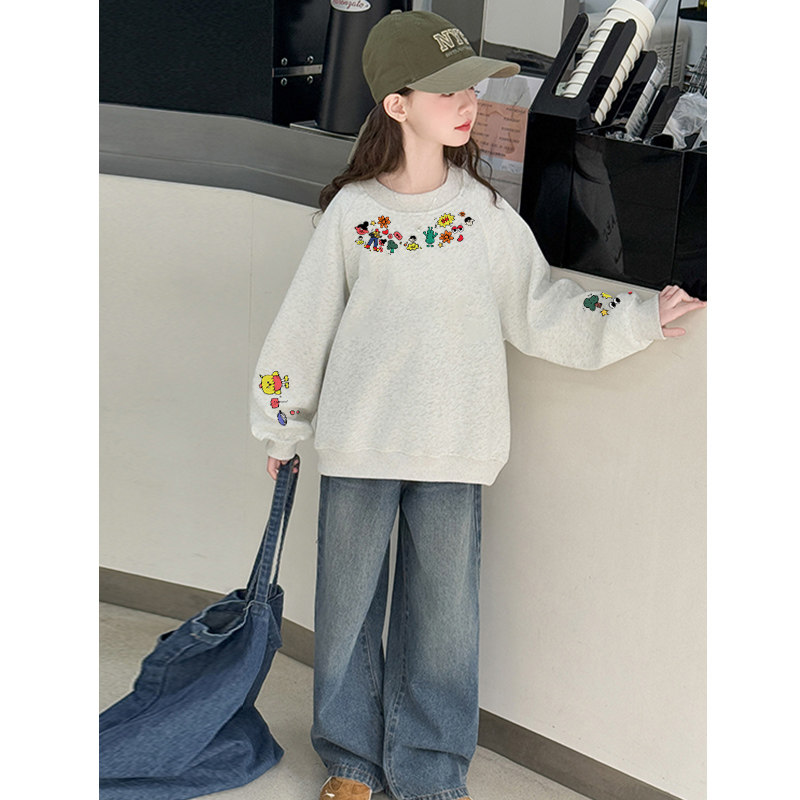 时尚印花女童圆领卫衣秋季新款宽松花灰色小女孩加绒加厚无帽上衣