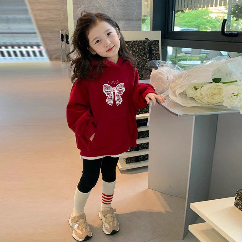 女童蝴蝶结连帽卫衣2026秋冬新款儿童加绒上衣小女孩红色拜年服潮