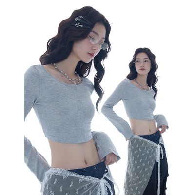 2025新款灰色长袖T恤女秋季新款设计感小众修身显瘦短款上衣