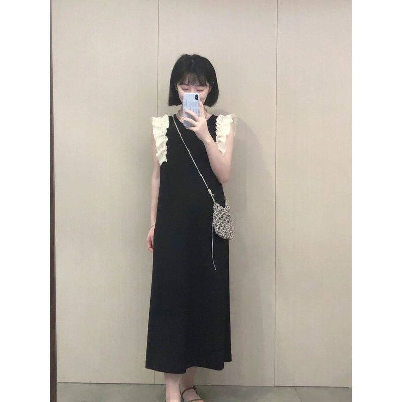 Q3法式别致绝美花边小飞袖黑色连衣裙复古显瘦气质无袖背心长裙子