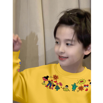 韩系时尚男童黄色圆领卫衣2025新款秋冬季加绒加厚儿童无帽上衣潮