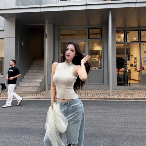 ZY723ZM712白色半高领修身针织吊带背心女夏季收腰显瘦外穿辣妹短