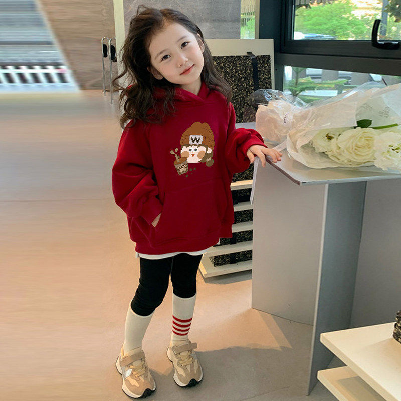 女童红色卫衣2025新款儿童加绒加厚上衣小女孩韩版连帽喜庆拜年服