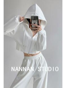 美式运动学院风灰色连帽卫衣女复古双拉链收腰修身短款长袖外套潮