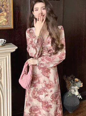 秋季轻熟风法式碎花连衣裙交叉绑带优雅显瘦仙女气质长裙