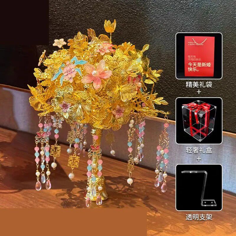 新娘结婚金色手捧花亚克力透明展示盒包装盒礼袋新婚送姐妹含支架