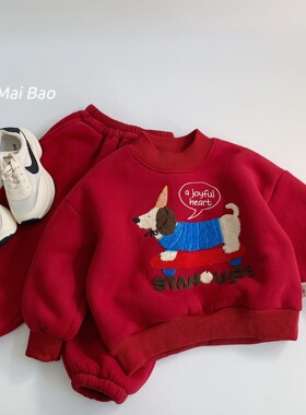 麦宝儿童加绒套装2025冬季新款男女童运动红色两件套湖州织里童装