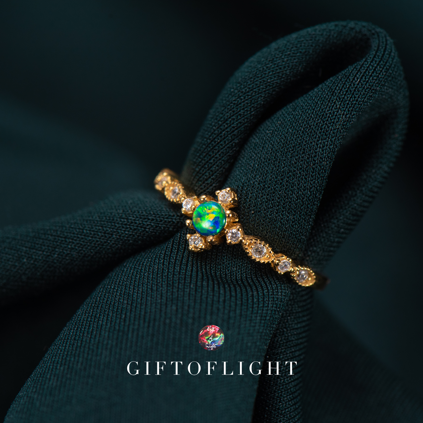 GIFTOFLIGHT银镀18K金天然澳洲欧泊宝石戒指彩宝女戒复古简约气质