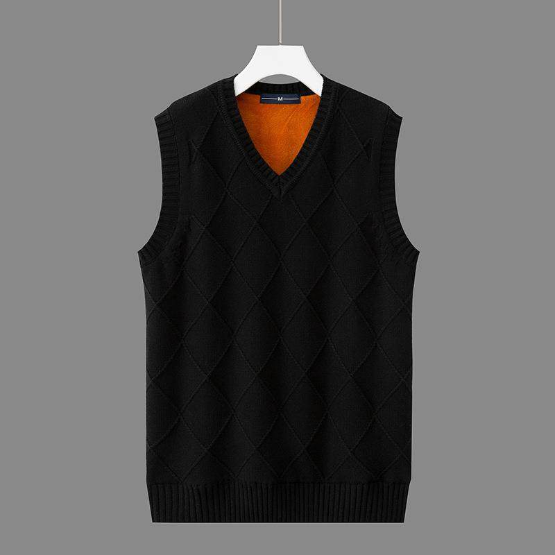 冬季新款男士加绒加厚保暧背心毛衣V领韩版潮流提花马甲男针织衫