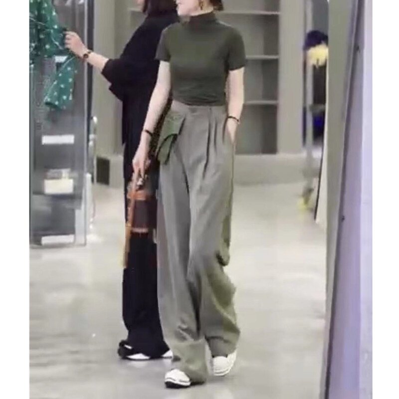 23057大爱美依缘2025春季新款纯色修身打底衫高腰拖地休闲裤女潮