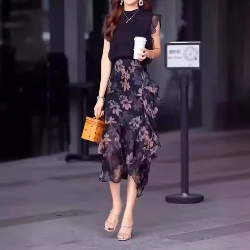 24359大爱美依缘2026夏季新款时尚无袖上衣雪纺碎花半身裙洋气女