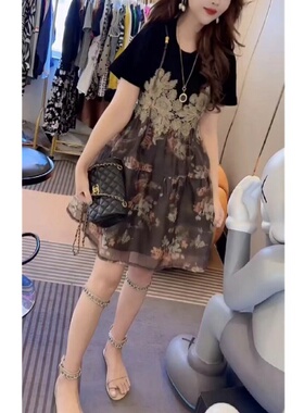 23303大爱美依缘2025夏季新款洋气假两件蕾丝拼接碎花纱裙连衣裙