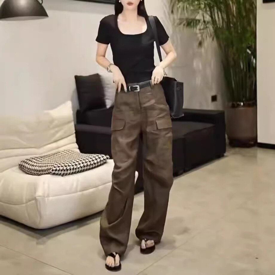 24533大爱美依缘2026新款美式酷飒风修身上衣高腰直筒工装裤女潮