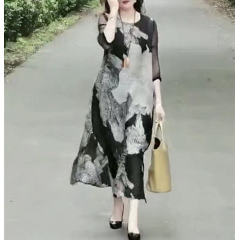 9655大爱美依缘2025夏季新款圆领中袖长款印花连衣裙宽松显瘦女裙