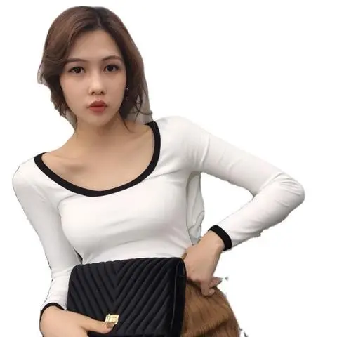 女显胸修身打底衫外贸外穿长袖上衣纯色女性感T恤低胸拼色U领