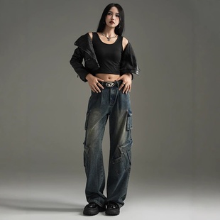 美式多口袋工装裤女款2026新款春秋季酷飒风直筒宽松阔腿牛仔裤女