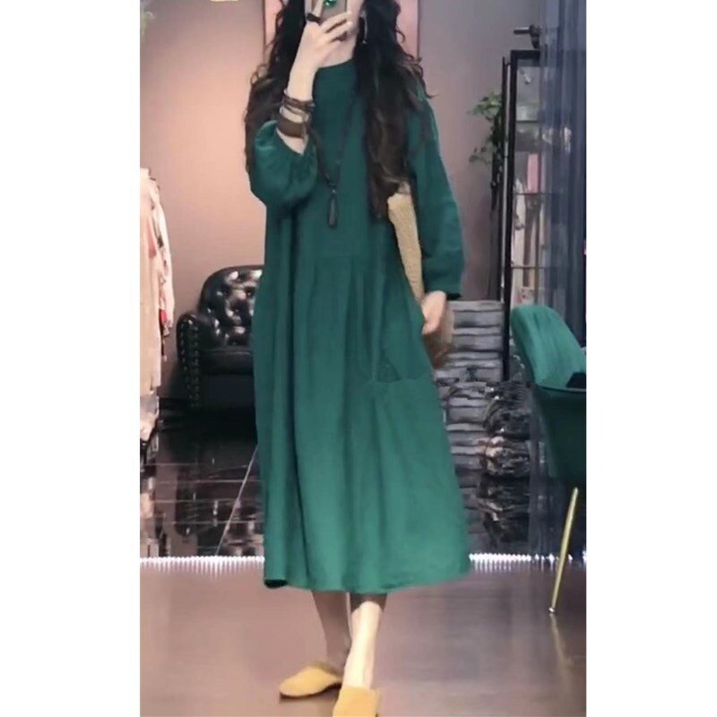 00269大爱美依缘2025春夏新款连衣裙韩版纯色长袖宽松长款女裙