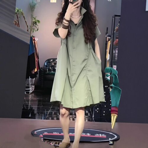 009大爱美依缘2025夏季新款韩版宽松翻领连衣裙遮肉显瘦中长款女
