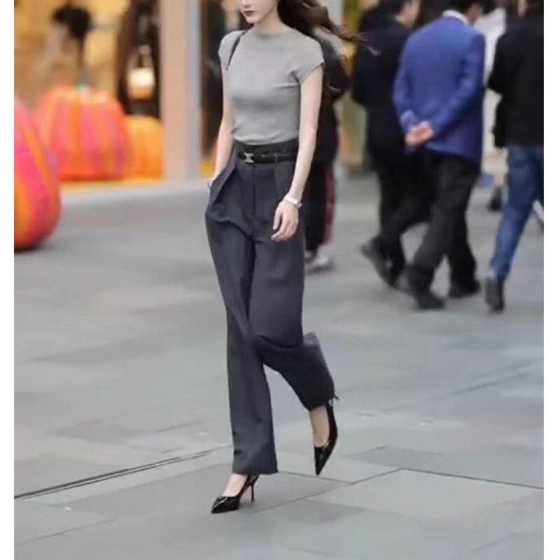 23103大爱美依缘2025新款圆领纯色修身上衣高腰直筒长款显瘦洋气