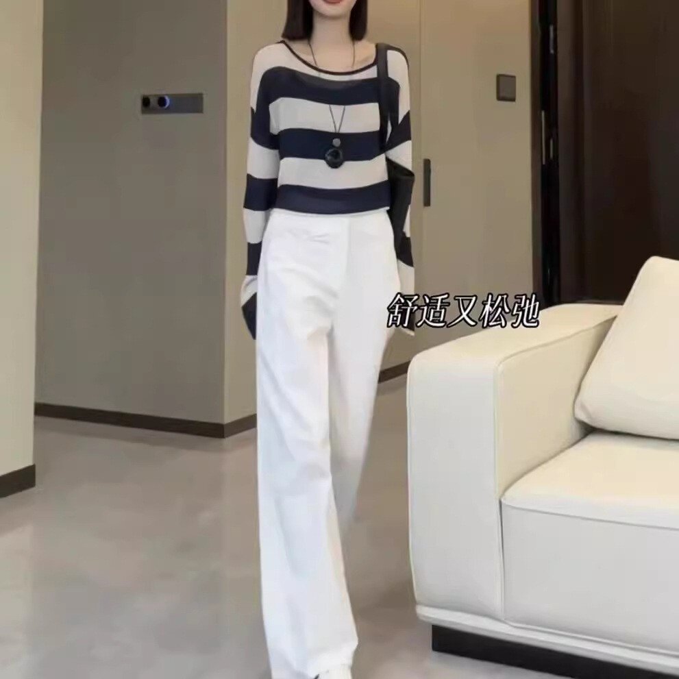 24712大爱美依缘2026新款韩版长袖条纹宽松上衣高腰白色直筒裤女