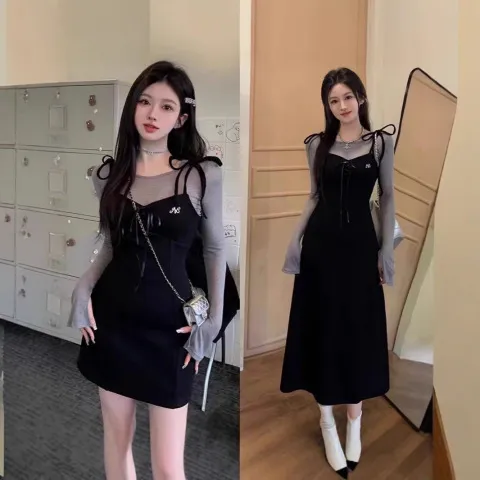 新款长裙女连衣裙秋季2024年黑色套装两件套小个子赫本风吊带