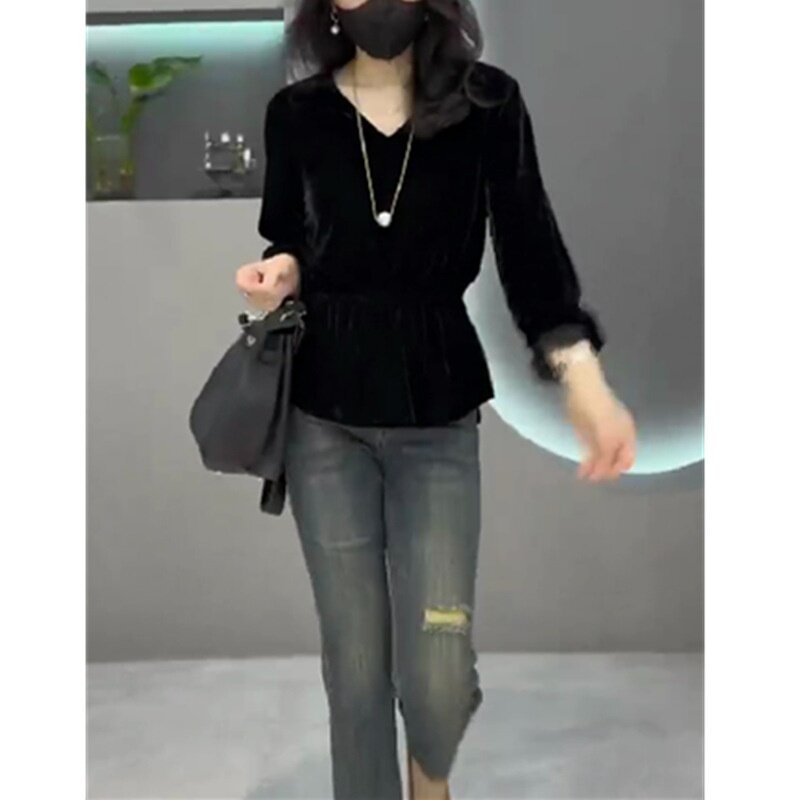 23676大爱美依缘2025秋季新款韩版V领纯色上衣时尚收腰修身显瘦女