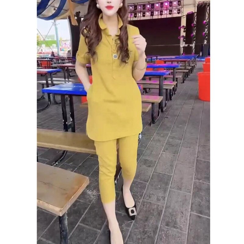 23578大爱美依缘2025新款时尚显瘦短袖中长款上衣七分裤两件套女