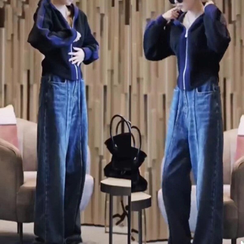 88066大爱美依缘2025秋冬新款连帽开衫短外套休闲牛仔长裤套装女