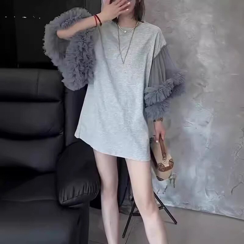 24172大爱美依缘2025夏季新款时尚圆领宽松蓬蓬袖拼接洋气连衣裙