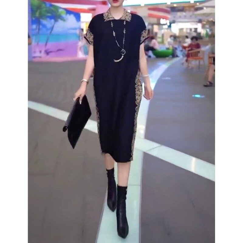 9350大爱美依缘2025夏季新款韩版时尚翻领中长款连衣裙宽松显瘦女