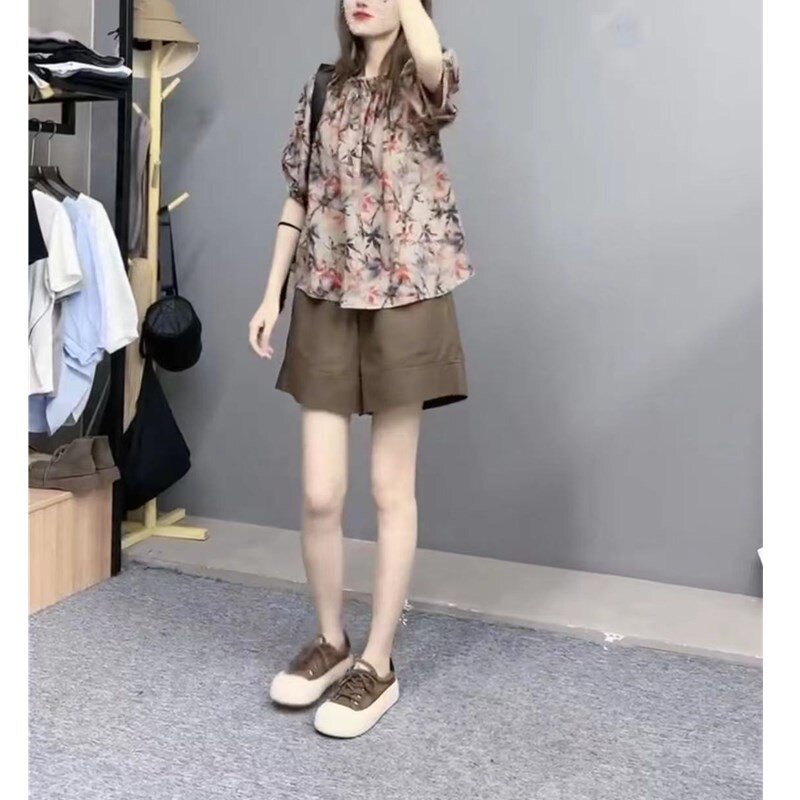 21377大爱美依缘2025夏季新款时尚碎花雪纺上衣休闲阔腿短裤女装