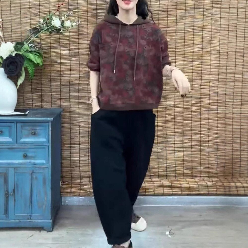 241086大爱美依缘2026复古风连帽印花长袖卫衣休闲哈伦裤宽松女潮