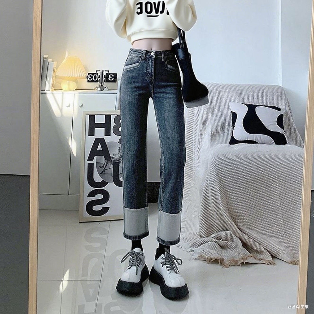 9分直筒牛仔裤女裤子女款九分烟管直筒裤高腰小个子烟管裤女显瘦