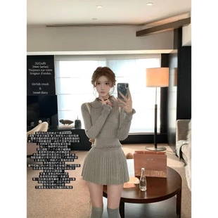 半裙针织蝴蝶结迟套装 彼得潘伞伞领风信子灰色25百褶上衣