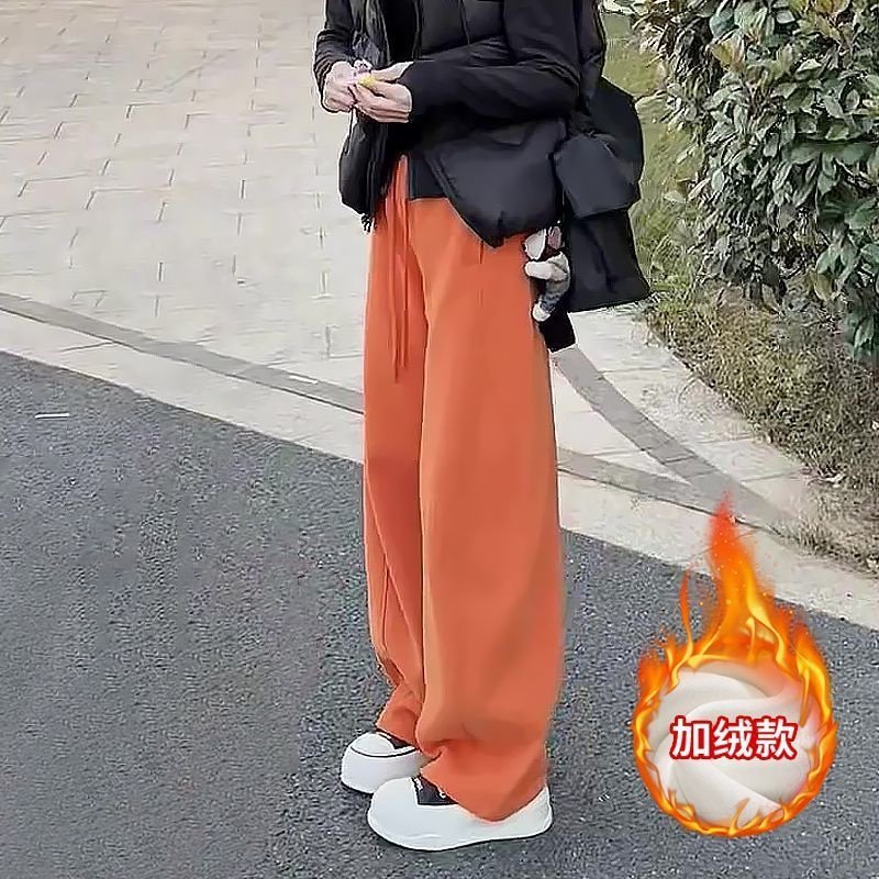 橘红色加绒保暖运动裤女2025新款大码胖mm高腰宽松显瘦休闲阔腿裤