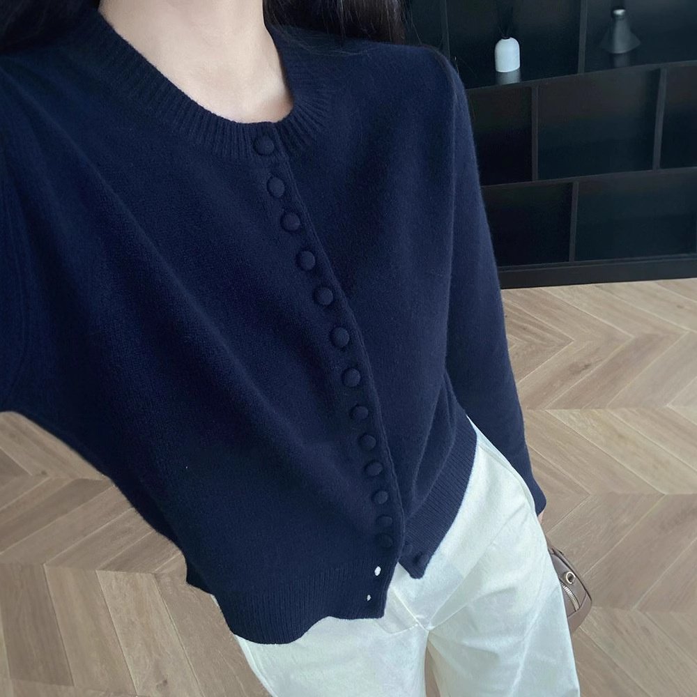 小个子短款高级感蓝色毛衣外套女秋冬季慵懒风圆领针织开衫休闲潮,女装/女士精品,毛针织衫,淘宝优惠券,粉丝福利购,淘宝优惠卷