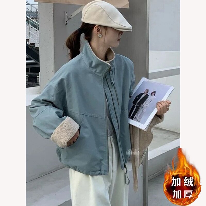 加绒羊羔毛短款派克服女小个子2026冬季韩版潮休闲宽松棉服短外套