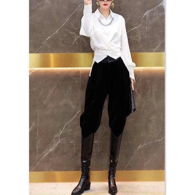 22833大爱美依缘2025秋季新款链条polo领长袖衬衫哈伦裤显瘦女潮