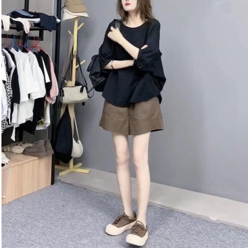 23367大爱美依缘2025夏季新款黑色防晒宽松上衣休闲阔腿短裤女装