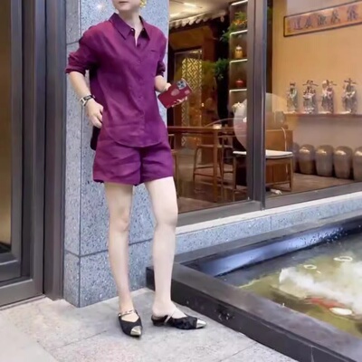 24591大爱美依缘2025夏季新款简约时尚纯色翻领衬衫休闲短裤套装