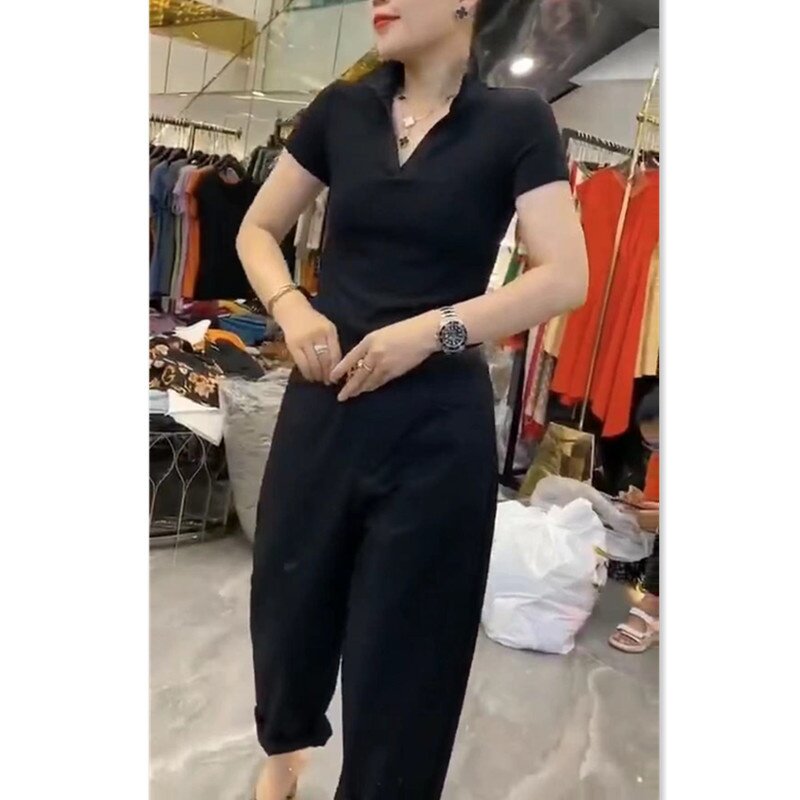 88536大爱美依缘2026夏季新款短袖翻领打底衫休闲哈伦裤黑色显瘦
