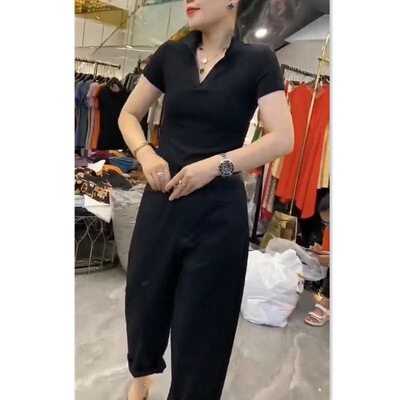 88536大爱美依缘2026夏季新款短袖翻领打底衫休闲哈伦裤黑色显瘦