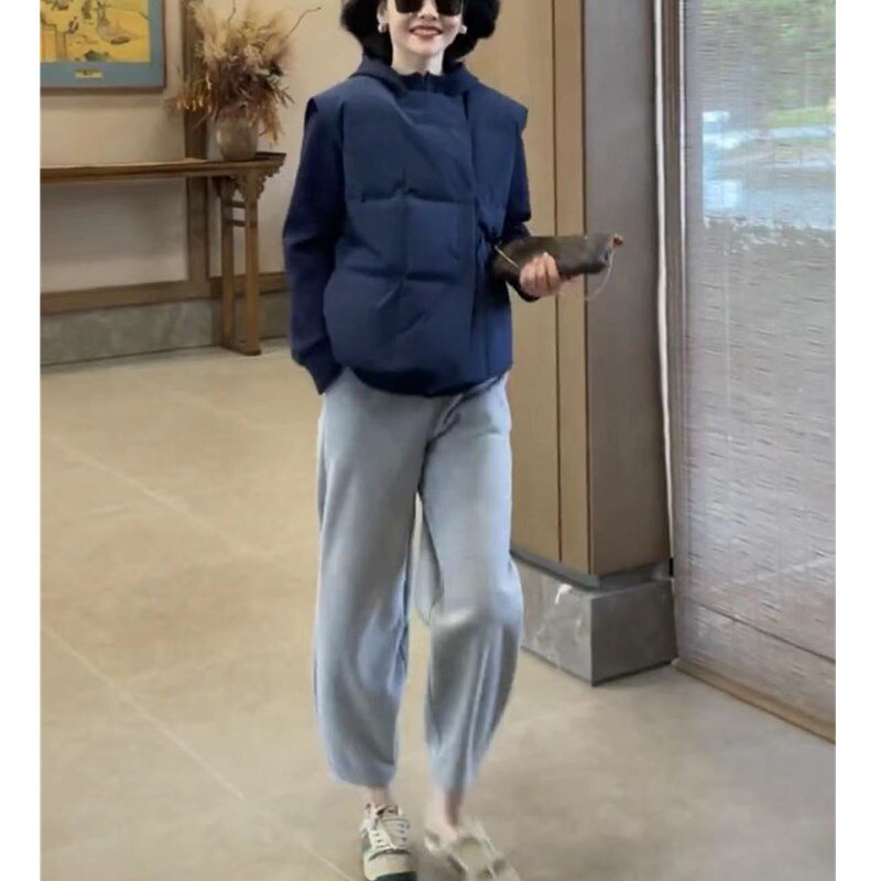 22866大爱美依缘蓝色棉马甲连帽上衣休闲阔腿香蕉裤套装女2025冬