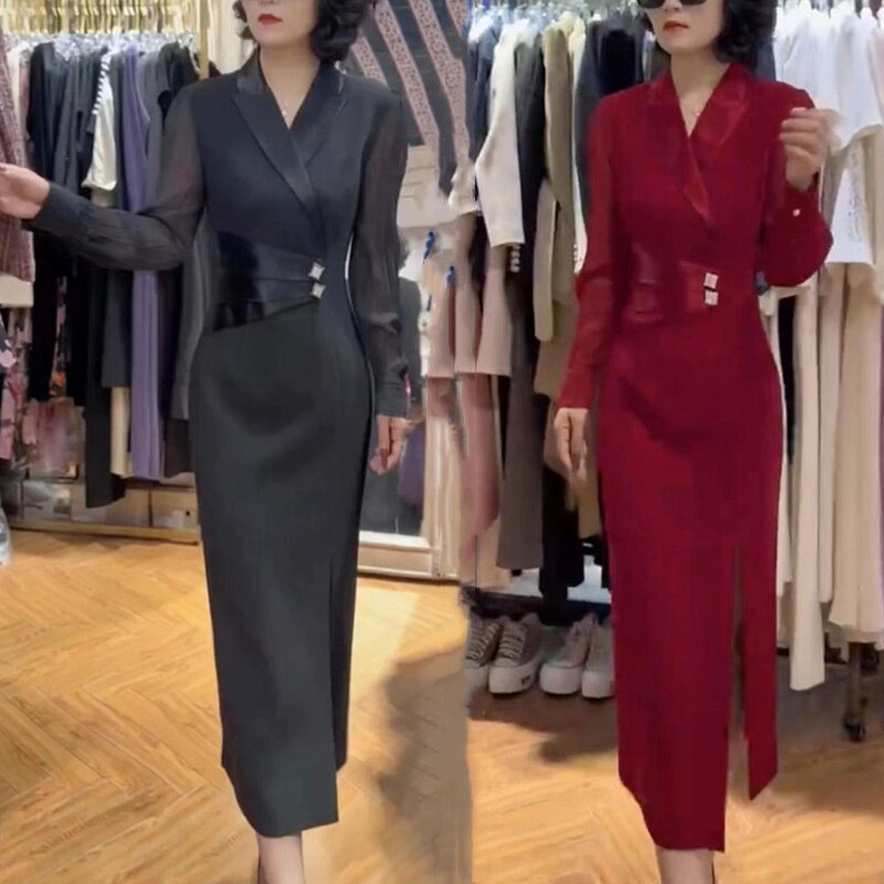 22887大爱美依缘2026秋冬新款洋气西服领拼接修身开叉显瘦连衣裙