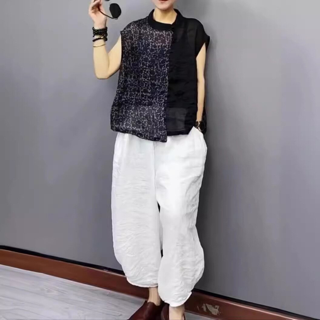 24393大爱美依缘2026夏季新款圆领宽松拼接衬衫休闲哈伦裤时尚女