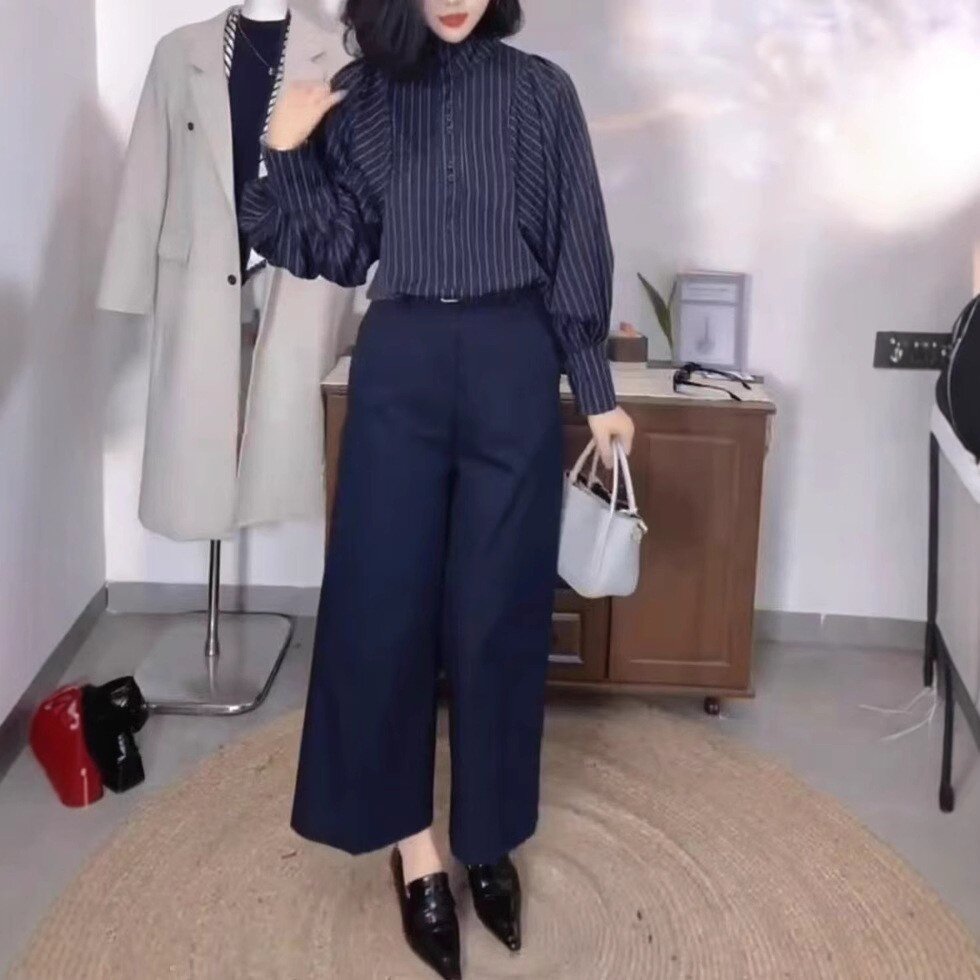 25098大爱美依缘2025春季新款时尚条纹长袖衬衫高腰九分阔腿裤女