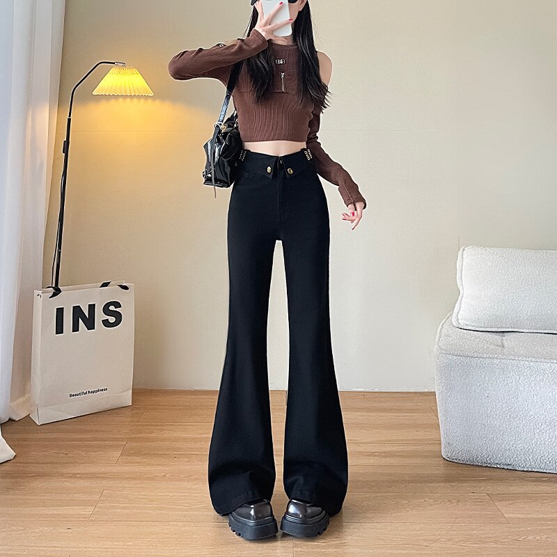 黑色微喇牛仔裤女秋季2025年新款高腰显瘦设计感小个子喇叭裤子女