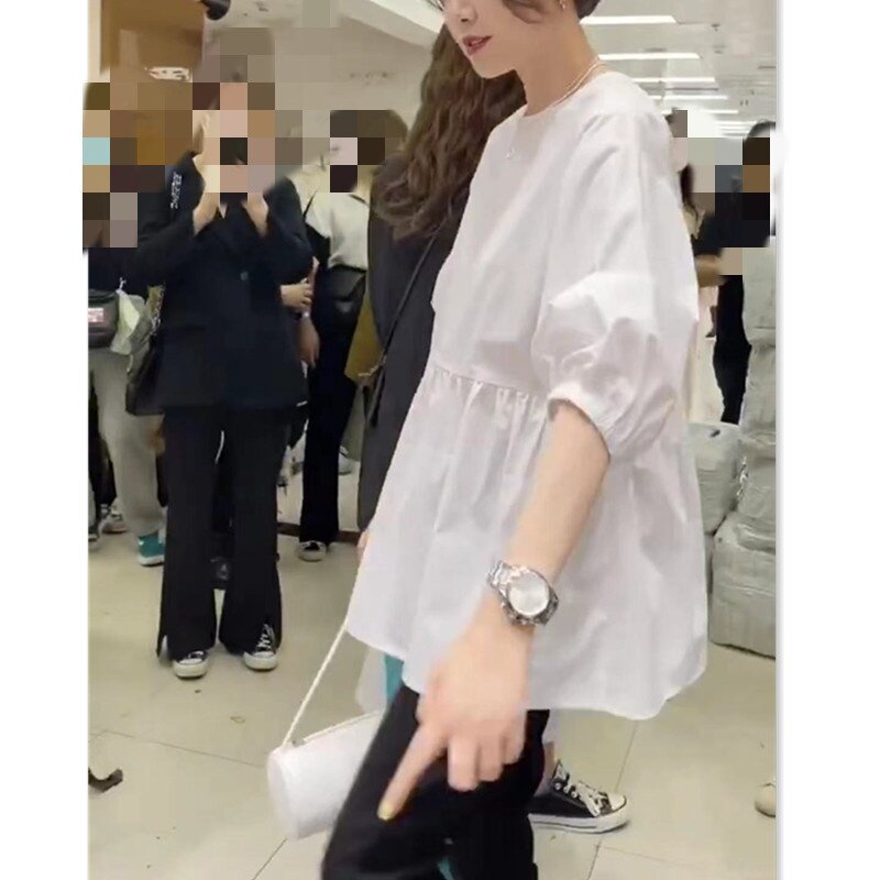 88227大爱美依缘2025春夏白色衬衫设计感露背宽松显瘦灯笼袖上衣