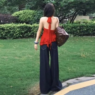 ins小众复古松弛高腰慵懒阔腿2025深新款 直筒裤 子高街美式 牛仔裤