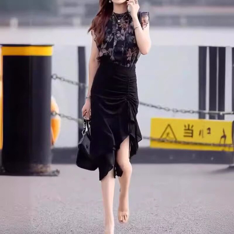 24351大爱美依缘2026新款花色套头无袖衬衫洋气荷叶边半身裙女装